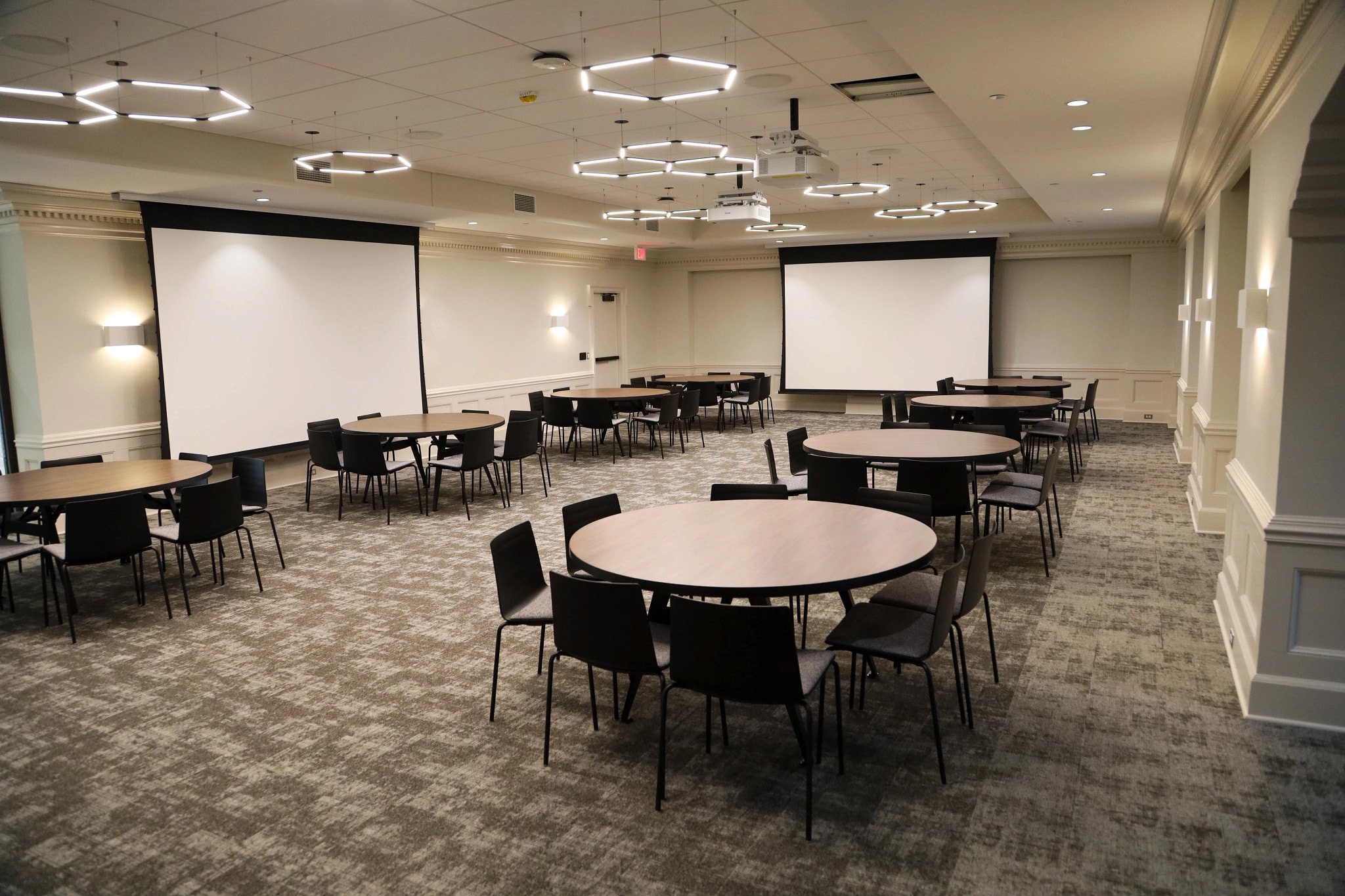Round tables lined in rows in the Summerfield Room at Jayhawk Welcome Center.